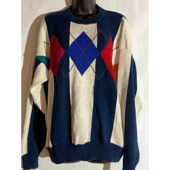 GULF TRADERS Cream Argyle Knit Unisex Pullover Sweater Size XL - Picture 1 of 9